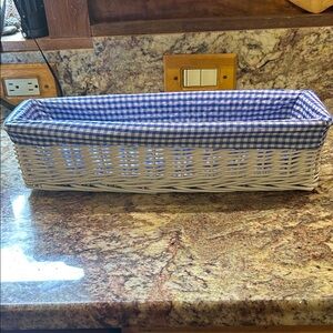 White Wicker Basket with blue gingham liner; Perfect for the bathroom or kitchen
